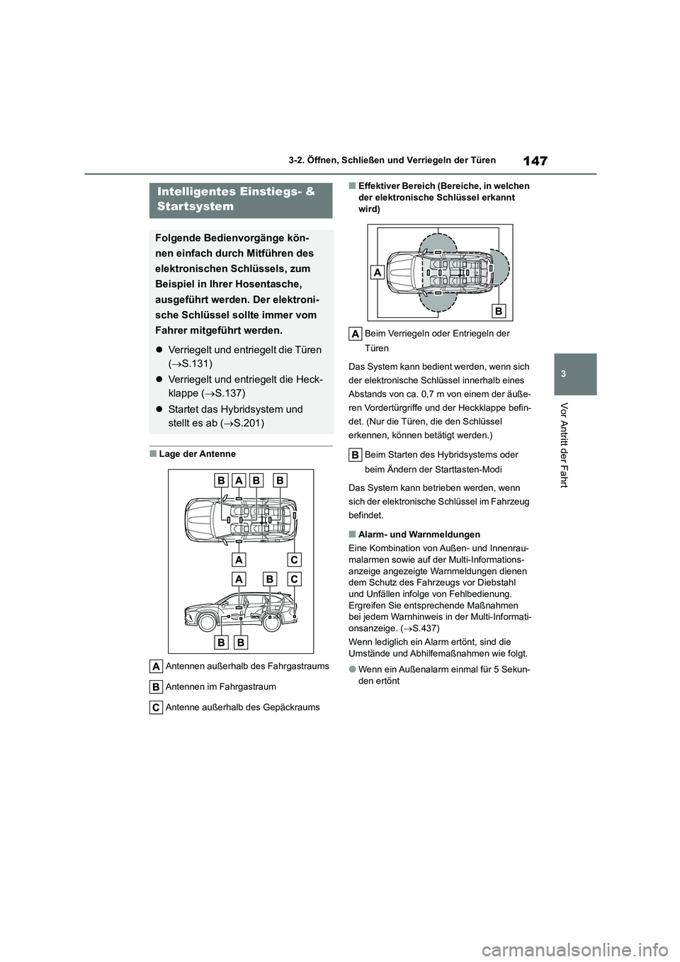 TOYOTA HIGHLANDER 2023  Betriebsanleitungen (in German) 147
3 
3-2. Öffnen, Schließen und Verriegeln der Türen
Vor Antritt der Fahrt
■Lage der Antenne 
Antennen außerhalb des Fahrgastraums 
Antennen im Fahrgastraum
Antenne außerhalb des Gepäckraums
