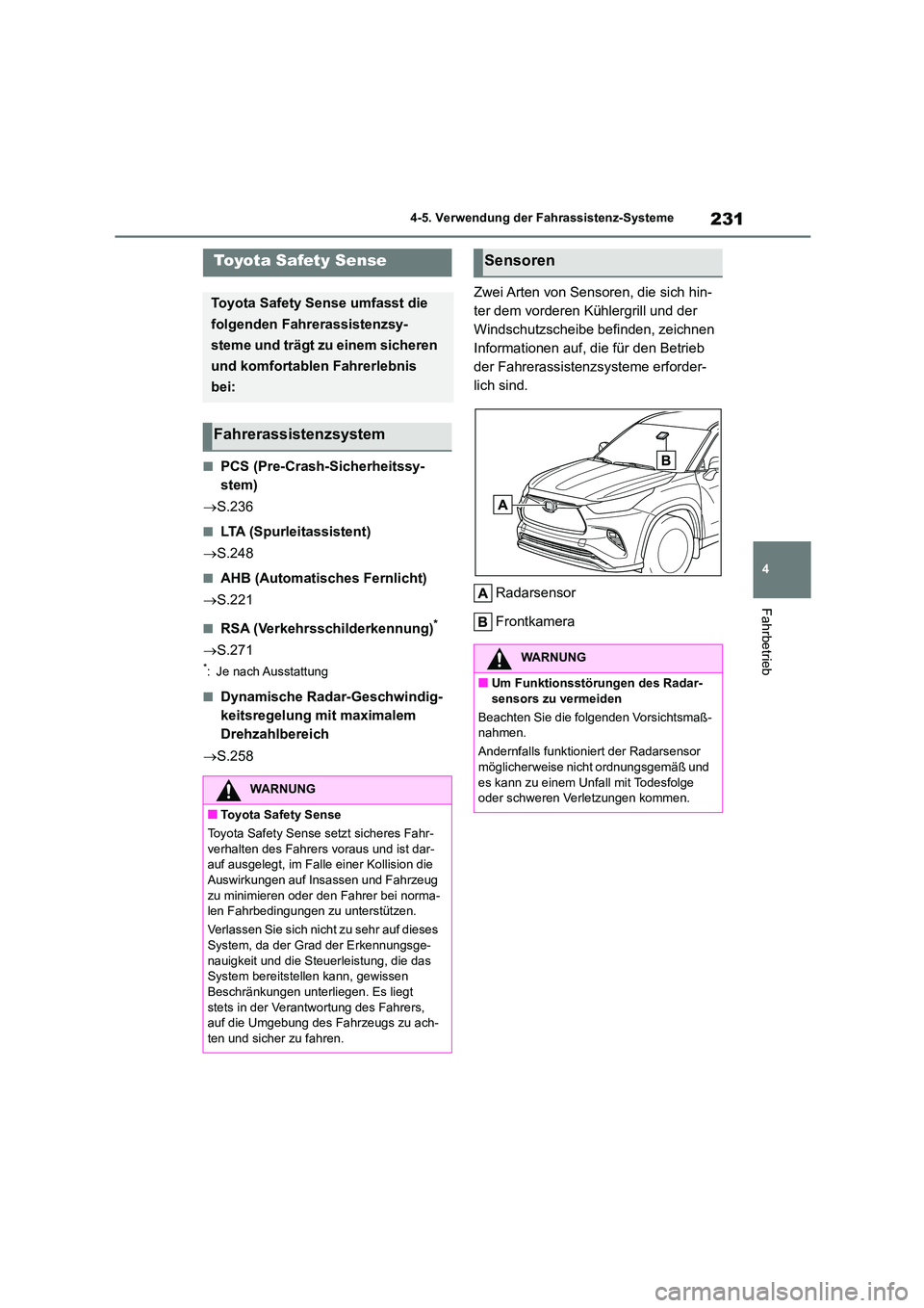 TOYOTA HIGHLANDER 2023 Betriebsanleitungen (in German) 231
4
4-5. Verwendung der Fahrassistenz-Systeme
Fahrbetrieb
4-5.Verwendung der Fahrassistenz-Systeme
■PCS (Pre-Crash-Sicherheitssy-
stem)
S.236
■LTA (Spurleitassistent)
S.248
■AHB (A TOYOTA HIGHLANDER 2023 Betriebsanleitungen (in German) 231
4
4-5. Verwendung der Fahrassistenz-Systeme
Fahrbetrieb
4-5.Verwendung der Fahrassistenz-Systeme
■PCS (Pre-Crash-Sicherheitssy-
stem)
S.236
■LTA (Spurleitassistent)
S.248
■AHB (A