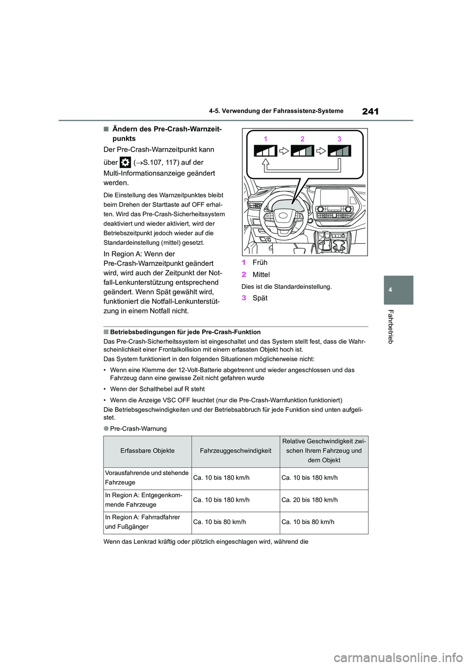 TOYOTA HIGHLANDER 2023  Betriebsanleitungen (in German) 241
4 
4-5. Verwendung der Fahrassistenz-Systeme
Fahrbetrieb
■Ändern des Pre-Crash-Warnzeit- 
punkts 
Der Pre-Crash-Warnzeitpunkt kann  
über  ( S.107, 117) auf der  
Multi-Informationsanzeige 