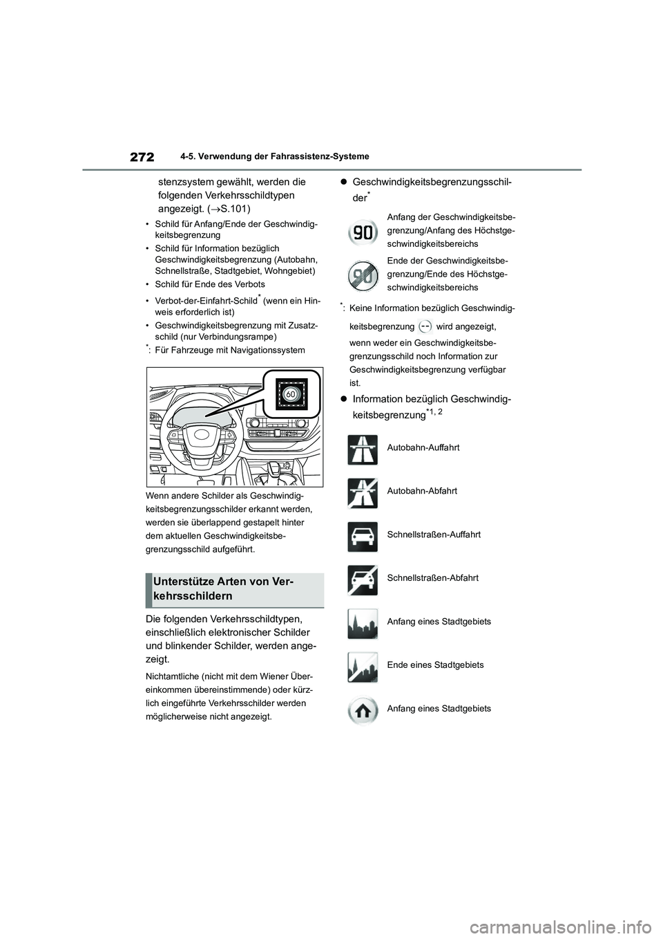 TOYOTA HIGHLANDER 2023  Betriebsanleitungen (in German) 2724-5. Verwendung der Fahrassistenz-Systeme
stenzsystem gewählt, werden die  
folgenden Verkehrsschildtypen 
angezeigt. ( S.101)
• Schild für Anfang/Ende der Geschwindig- 
keitsbegrenzung 
•