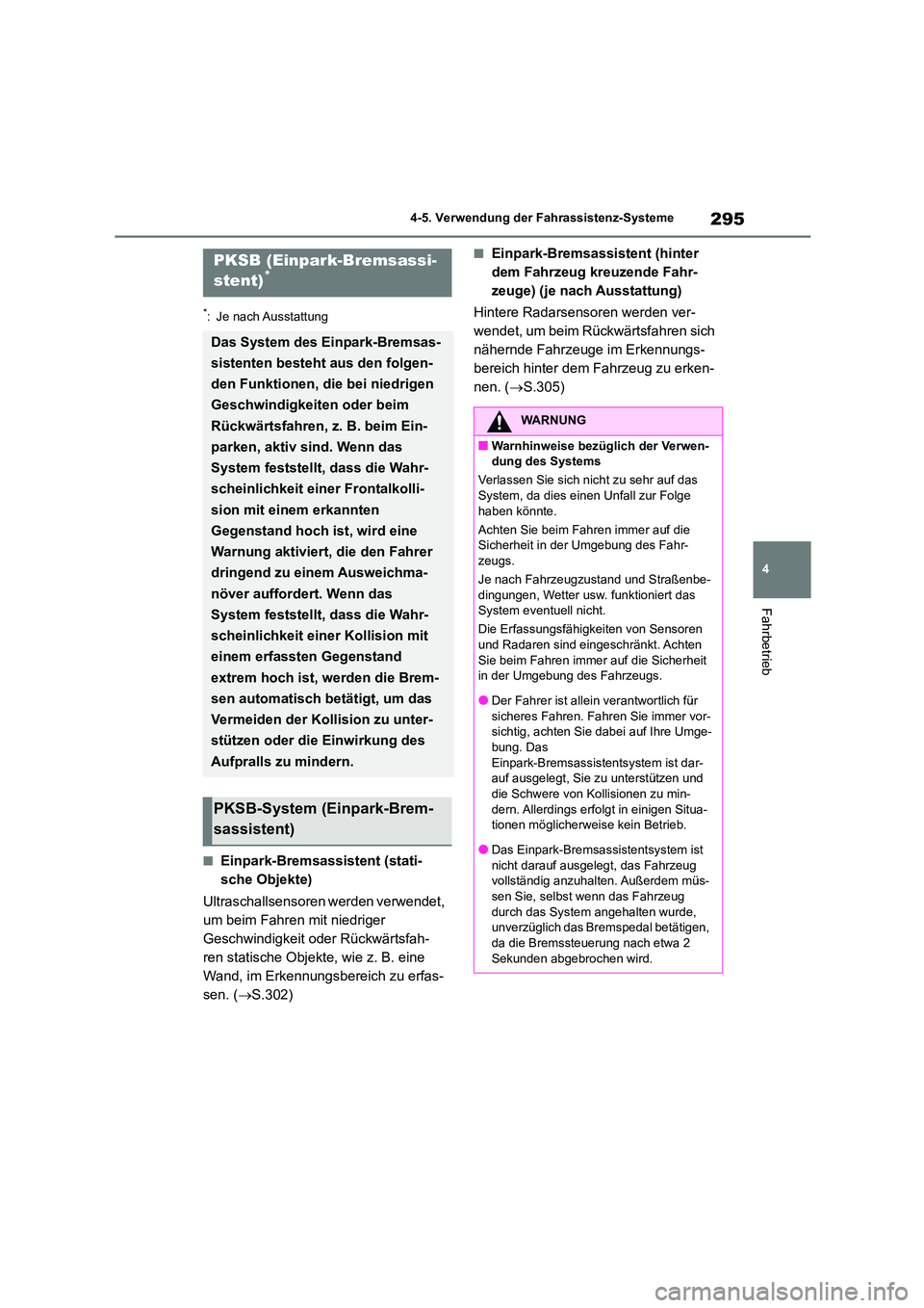 TOYOTA HIGHLANDER 2023 Betriebsanleitungen (in German) 295
4
4-5. Verwendung der Fahrassistenz-Systeme
Fahrbetrieb
*: Je nach Ausstattung
■Einpark-Bremsassistent (stati-
sche Objekte)
Ultraschallsensoren werden verwendet,
um beim Fahren mit niedrig TOYOTA HIGHLANDER 2023 Betriebsanleitungen (in German) 295
4
4-5. Verwendung der Fahrassistenz-Systeme
Fahrbetrieb
*: Je nach Ausstattung
■Einpark-Bremsassistent (stati-
sche Objekte)
Ultraschallsensoren werden verwendet,
um beim Fahren mit niedrig