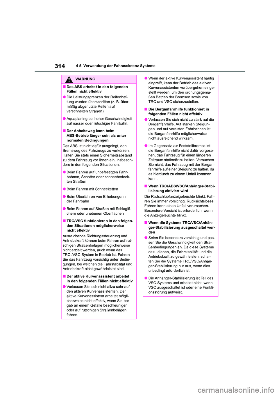 TOYOTA HIGHLANDER 2023 Betriebsanleitungen (in German) 3144-5. Verwendung der Fahrassistenz-Systeme
WARNUNG
■Das ABS arbeitet in den folgenden
Fällen nicht effektiv
●Die Leistungsgrenzen der Reifenhaf-
tung wurden überschritten (z. B. über- mäß TOYOTA HIGHLANDER 2023 Betriebsanleitungen (in German) 3144-5. Verwendung der Fahrassistenz-Systeme
WARNUNG
■Das ABS arbeitet in den folgenden
Fällen nicht effektiv
●Die Leistungsgrenzen der Reifenhaf-
tung wurden überschritten (z. B. über- mäß