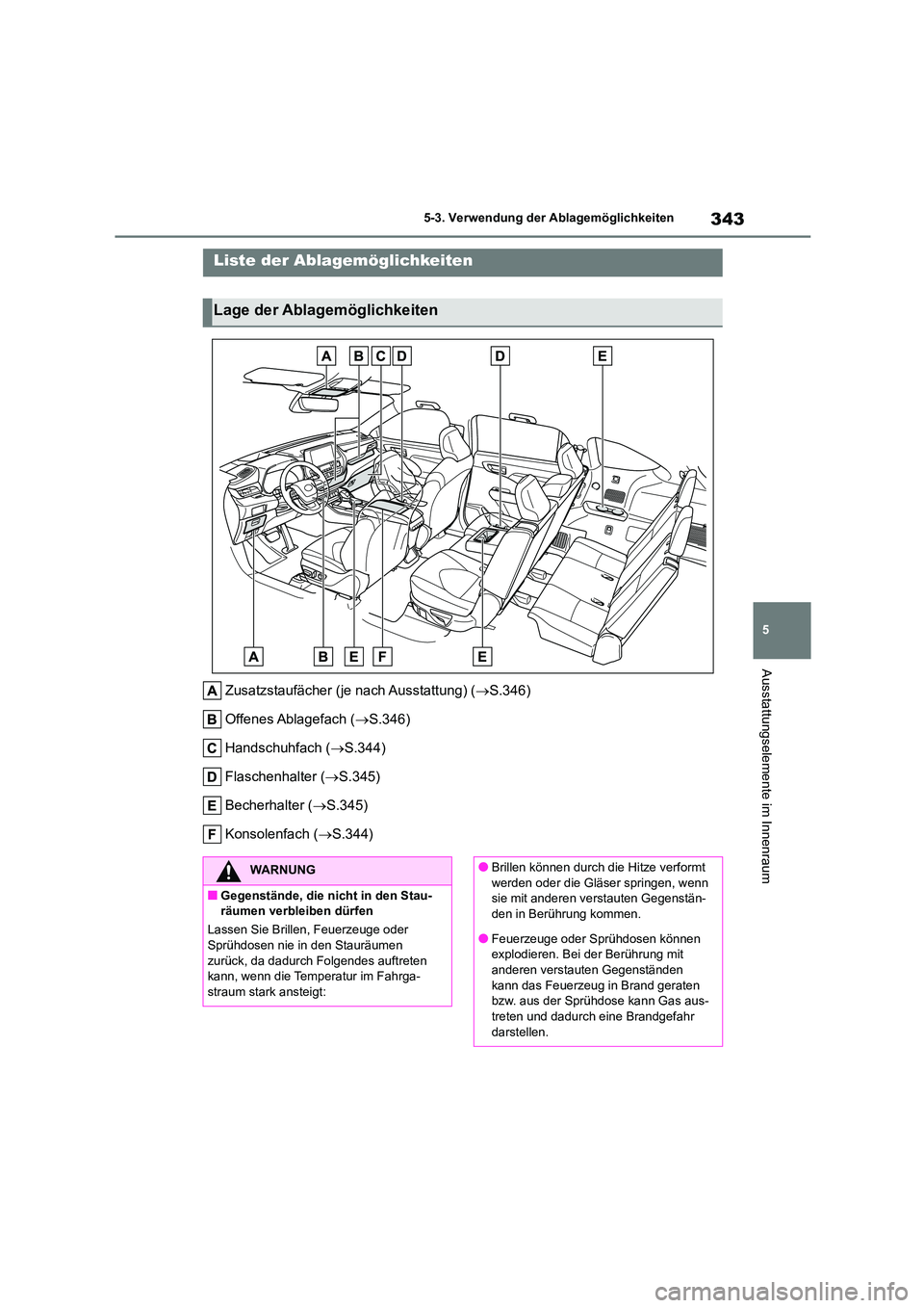 TOYOTA HIGHLANDER 2023 Betriebsanleitungen (in German) 343
5
5-3. Verwendung der Ablagemöglichkeiten
Ausstattungselemente im Innenraum
5-3.Verwendung der Ablagemöglichkeiten
Zusatzstaufächer (je nach Ausstattung) ( S.346)
Offenes Ablagefach ( TOYOTA HIGHLANDER 2023 Betriebsanleitungen (in German) 343
5
5-3. Verwendung der Ablagemöglichkeiten
Ausstattungselemente im Innenraum
5-3.Verwendung der Ablagemöglichkeiten
Zusatzstaufächer (je nach Ausstattung) ( S.346)
Offenes Ablagefach ( 
