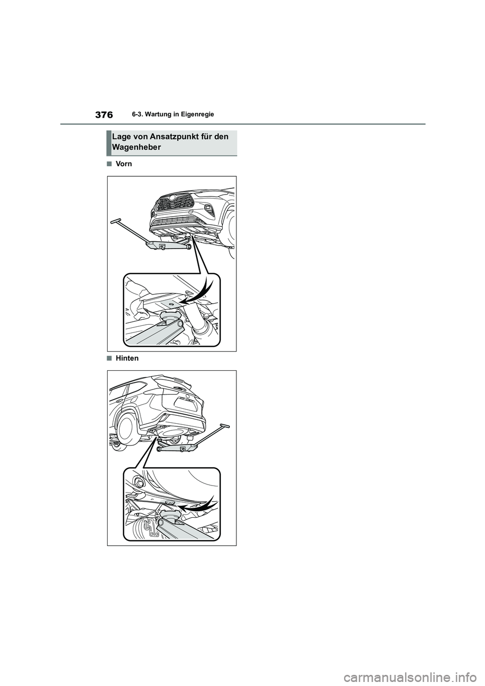 TOYOTA HIGHLANDER 2023 Betriebsanleitungen (in German) 3766-3. Wartung in Eigenregie
■Vo r n
■Hinten
Lage von Ansatzpunkt für den
Wagenheber TOYOTA HIGHLANDER 2023 Betriebsanleitungen (in German) 3766-3. Wartung in Eigenregie
■Vo r n
■Hinten
Lage von Ansatzpunkt für den
Wagenheber
