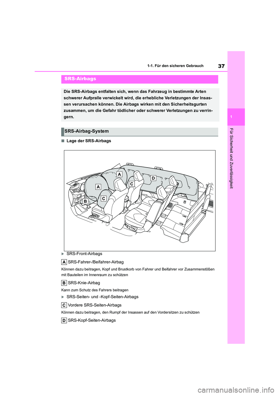 TOYOTA HIGHLANDER 2023  Betriebsanleitungen (in German) 37
1 
1-1. Für den sicheren Gebrauch
Für Sicherheit und Zuverlässigkeit
■Lage der SRS-Airbags
SRS-Front-Airbags 
SRS-Fahrer-/Beifahrer-Airbag
Können dazu beitragen, Kopf und Brustkorb von  Fa