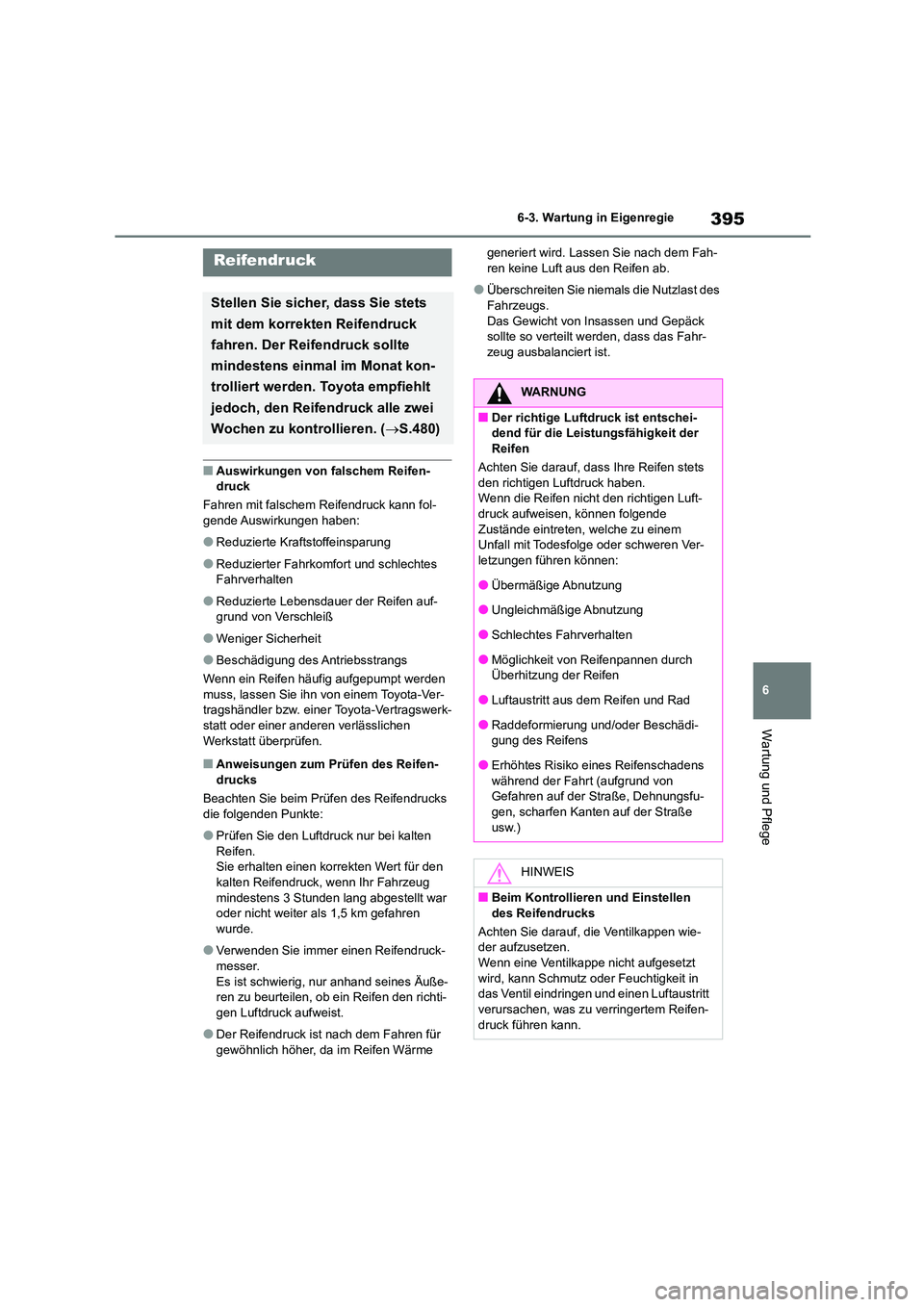 TOYOTA HIGHLANDER 2023 Betriebsanleitungen (in German) 395
6
6-3. Wartung in Eigenregie
Wartung und Pflege
■Auswirkungen von falschem Reifen- druck
Fahren mit falschem Reifendruck kann fol-
gende Auswirkungen haben:
●Reduzierte Kraftstoffeinsparun TOYOTA HIGHLANDER 2023 Betriebsanleitungen (in German) 395
6
6-3. Wartung in Eigenregie
Wartung und Pflege
■Auswirkungen von falschem Reifen- druck
Fahren mit falschem Reifendruck kann fol-
gende Auswirkungen haben:
●Reduzierte Kraftstoffeinsparun