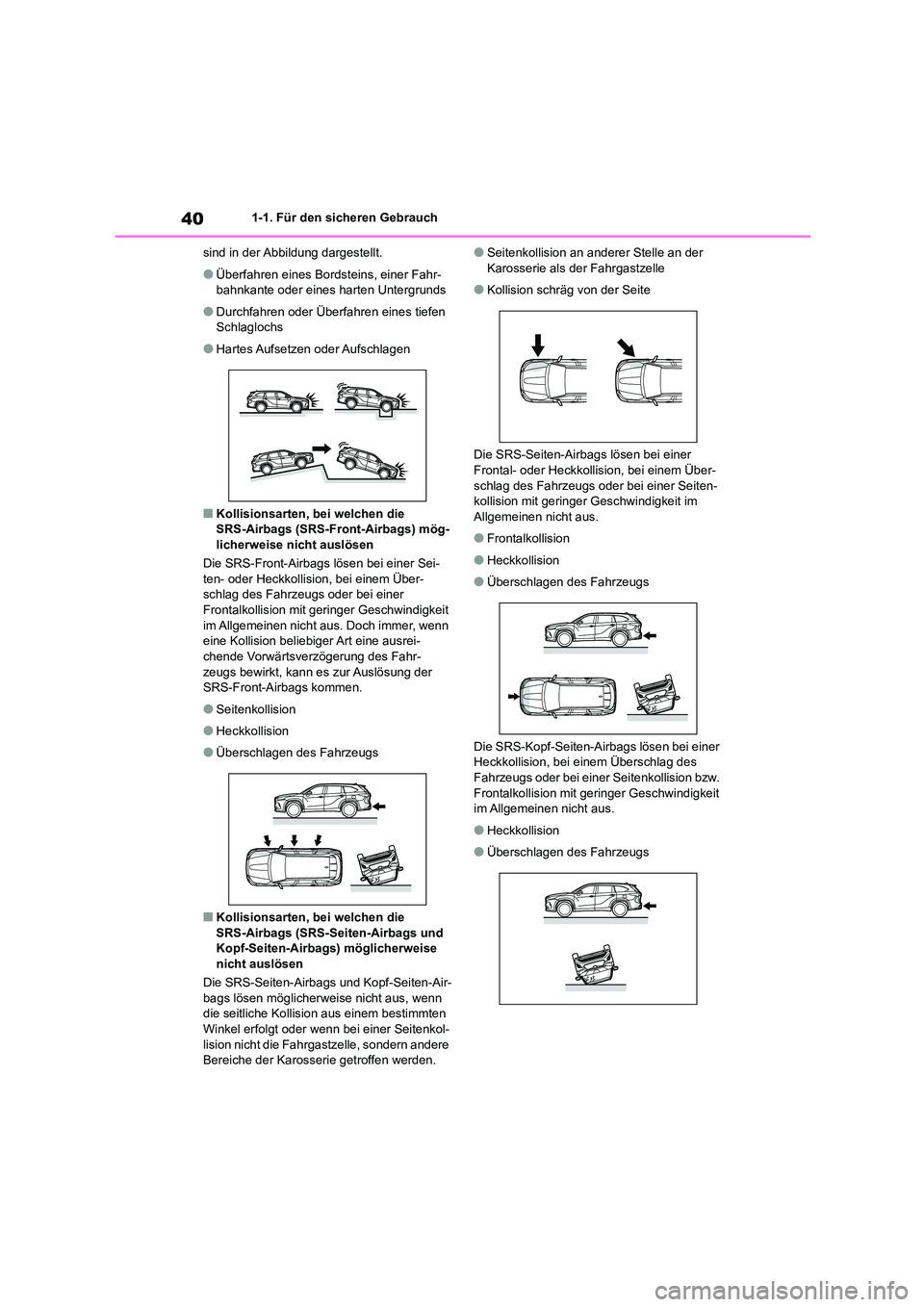TOYOTA HIGHLANDER 2023 Betriebsanleitungen (in German) 401-1. Für den sicheren Gebrauch
sind in der Abbildung dargestellt.
●Überfahren eines Bordsteins, einer Fahr-
bahnkante oder eines harten Untergrunds
●Durchfahren oder Überfahren eines tiefen TOYOTA HIGHLANDER 2023 Betriebsanleitungen (in German) 401-1. Für den sicheren Gebrauch
sind in der Abbildung dargestellt.
●Überfahren eines Bordsteins, einer Fahr-
bahnkante oder eines harten Untergrunds
●Durchfahren oder Überfahren eines tiefen
