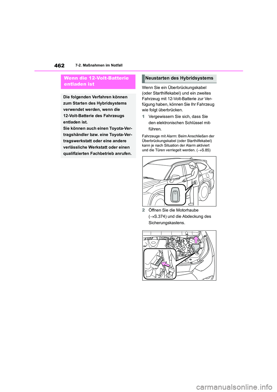 TOYOTA HIGHLANDER 2023 Betriebsanleitungen (in German) 4627-2. Maßnahmen im Notfall
Wenn Sie ein Überbrückungskabel
(oder Starthilfekabel) und ein zweites
Fahrzeug mit 12-Volt-Batterie zur Ver-
fügung haben, können Sie Ihr Fahrzeug
wie folgt übe TOYOTA HIGHLANDER 2023 Betriebsanleitungen (in German) 4627-2. Maßnahmen im Notfall
Wenn Sie ein Überbrückungskabel
(oder Starthilfekabel) und ein zweites
Fahrzeug mit 12-Volt-Batterie zur Ver-
fügung haben, können Sie Ihr Fahrzeug
wie folgt übe