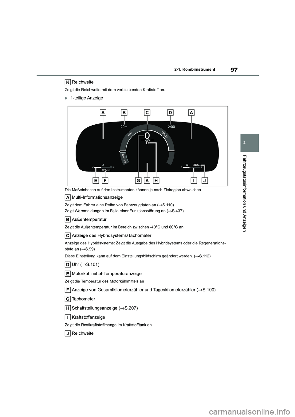 TOYOTA HIGHLANDER 2023 Betriebsanleitungen (in German) 97
2
2-1. Kombiinstrument
Fahrzeugstatusinformation und Anzeigen
Reichweite
Zeigt die Reichweite mit dem verbleibenden Kraftstoff an.
1-teilige Anzeige
Die Maßeinheiten auf den Instrument en kön TOYOTA HIGHLANDER 2023 Betriebsanleitungen (in German) 97
2
2-1. Kombiinstrument
Fahrzeugstatusinformation und Anzeigen
Reichweite
Zeigt die Reichweite mit dem verbleibenden Kraftstoff an.
1-teilige Anzeige
Die Maßeinheiten auf den Instrument en kön