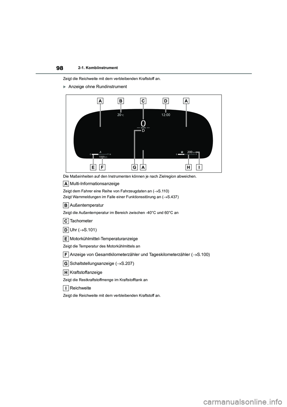 TOYOTA HIGHLANDER 2023 Betriebsanleitungen (in German) 982-1. Kombiinstrument
Zeigt die Reichweite mit dem verbleibenden Kraftstoff an.
Anzeige ohne Rundinstrument
Die Maßeinheiten auf den Instrument en können je nach Zielregion abweichen.
Multi-Inf TOYOTA HIGHLANDER 2023 Betriebsanleitungen (in German) 982-1. Kombiinstrument
Zeigt die Reichweite mit dem verbleibenden Kraftstoff an.
Anzeige ohne Rundinstrument
Die Maßeinheiten auf den Instrument en können je nach Zielregion abweichen.
Multi-Inf