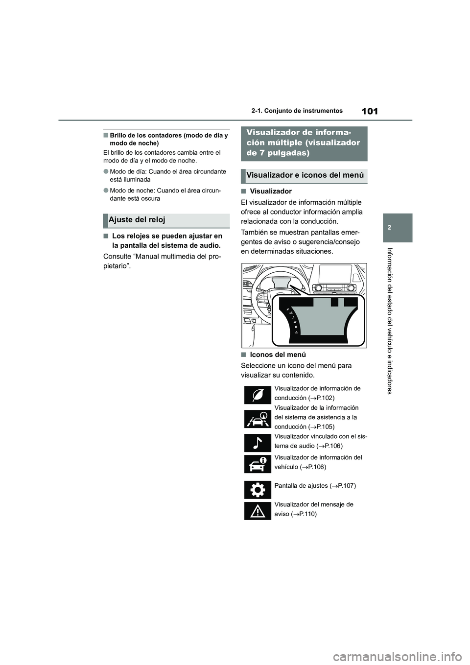 TOYOTA HIGHLANDER 2023  Manual del propietario (in Spanish) 101
2 
2-1. Conjunto de instrumentos
Información del estado del vehículo e indicadores
■Brillo de los conta dores (modo de día y  modo de noche) 
El brillo de los contadores cambia entre el  
mod