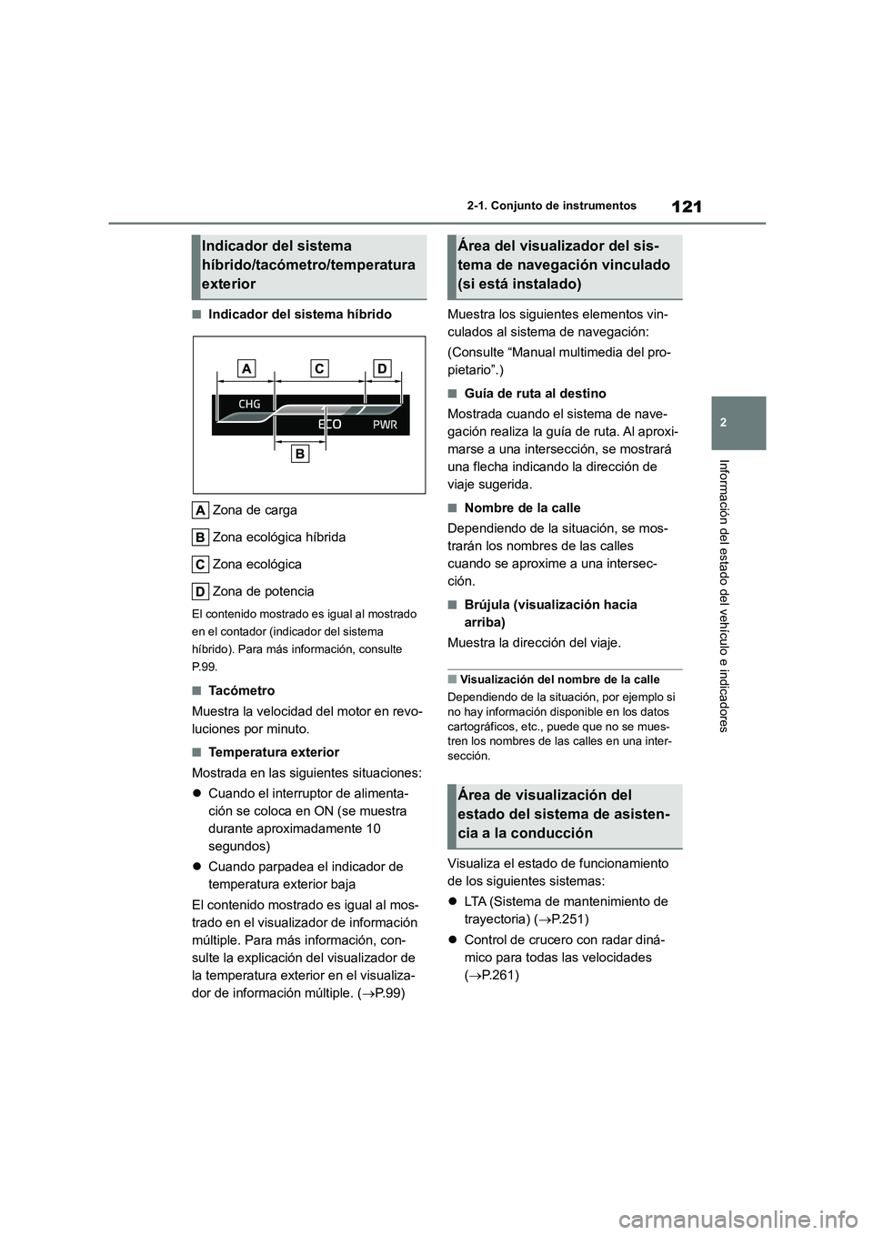 TOYOTA HIGHLANDER 2023 Manual del propietario (in Spanish) 121
2
2-1. Conjunto de instrumentos
Información del estado del vehículo e indicadores
■Indicador del sistema híbrido
Zona de carga
Zona ecológica híbrida
Zona ecológica
Zona de potencia
El TOYOTA HIGHLANDER 2023 Manual del propietario (in Spanish) 121
2
2-1. Conjunto de instrumentos
Información del estado del vehículo e indicadores
■Indicador del sistema híbrido
Zona de carga
Zona ecológica híbrida
Zona ecológica
Zona de potencia
El