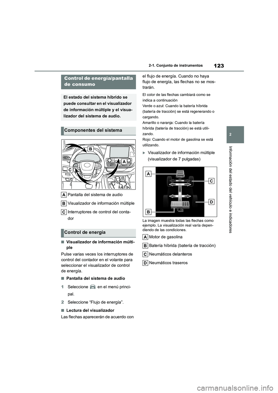 TOYOTA HIGHLANDER 2023 Manual del propietario (in Spanish) 123
2
2-1. Conjunto de instrumentos
Información del estado del vehículo e indicadores
Pantalla del sistema de audio
Visualizador de información múltiple
Interruptores de control del conta-
dor TOYOTA HIGHLANDER 2023 Manual del propietario (in Spanish) 123
2
2-1. Conjunto de instrumentos
Información del estado del vehículo e indicadores
Pantalla del sistema de audio
Visualizador de información múltiple
Interruptores de control del conta-
dor