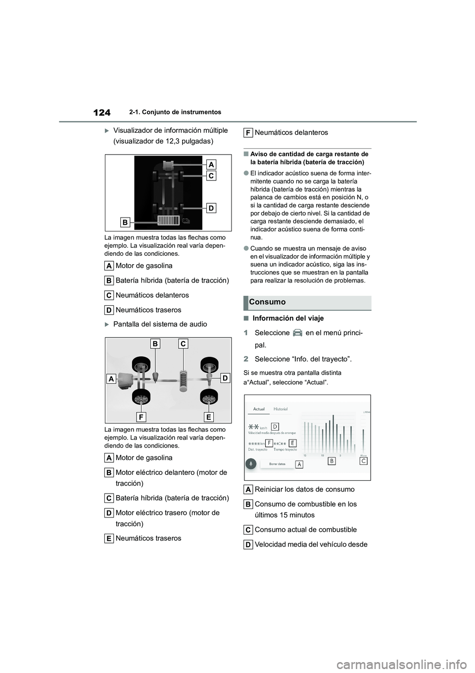 TOYOTA HIGHLANDER 2023 Manual del propietario (in Spanish) 1242-1. Conjunto de instrumentos
Visualizador de información múltiple
(visualizador de 12,3 pulgadas)
La imagen muestra todas las flechas como
ejemplo. La visualización real varía depen-
di TOYOTA HIGHLANDER 2023 Manual del propietario (in Spanish) 1242-1. Conjunto de instrumentos
Visualizador de información múltiple
(visualizador de 12,3 pulgadas)
La imagen muestra todas las flechas como
ejemplo. La visualización real varía depen-
di