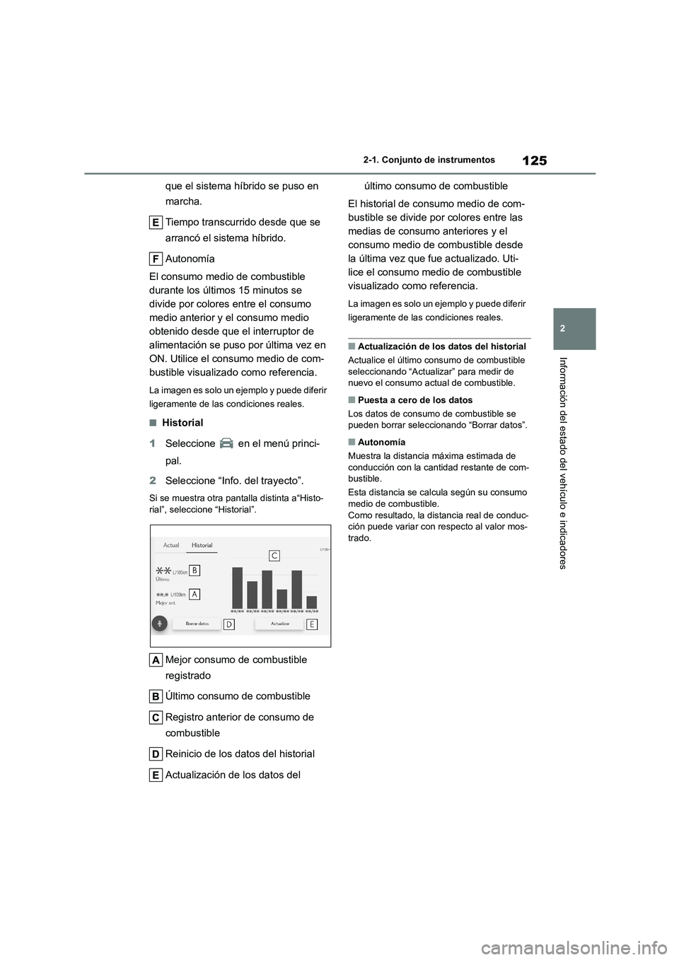 TOYOTA HIGHLANDER 2023 Manual del propietario (in Spanish) 125
2
2-1. Conjunto de instrumentos
Información del estado del vehículo e indicadores
que el sistema híbrido se puso en
marcha.
Tiempo transcurrido desde que se
arrancó el sistema híbrido. TOYOTA HIGHLANDER 2023 Manual del propietario (in Spanish) 125
2
2-1. Conjunto de instrumentos
Información del estado del vehículo e indicadores
que el sistema híbrido se puso en
marcha.
Tiempo transcurrido desde que se
arrancó el sistema híbrido.
