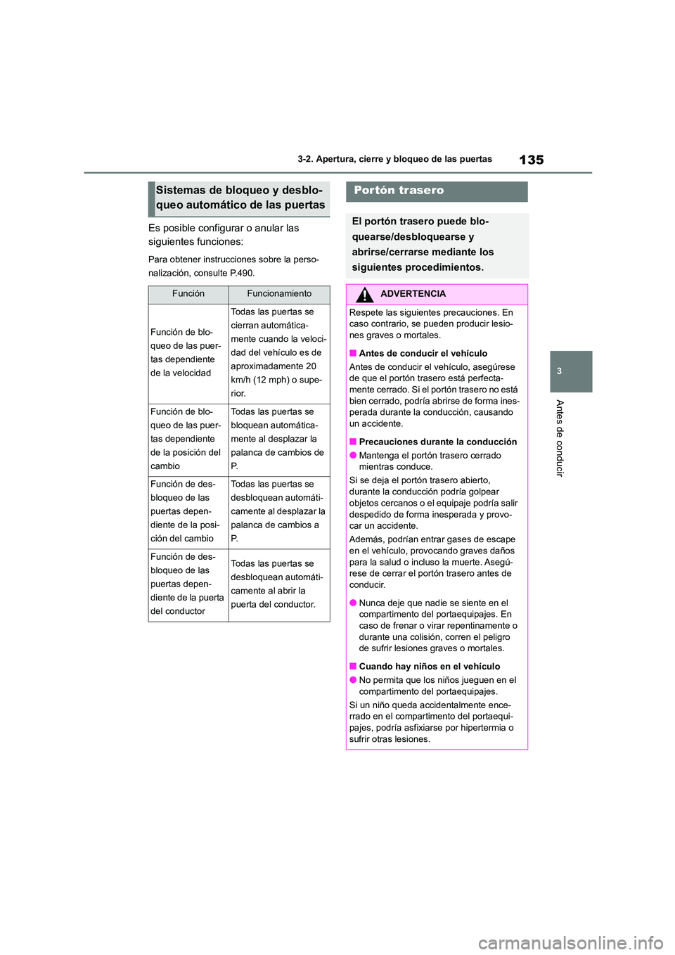 TOYOTA HIGHLANDER 2023  Manual del propietario (in Spanish) 135
3 
3-2. Apertura, cierre y bloqueo de las puertas
Antes de conducir
Es posible configurar o anular las  
siguientes funciones:
Para obtener instrucciones sobre la perso- 
nalización, consulte P.4