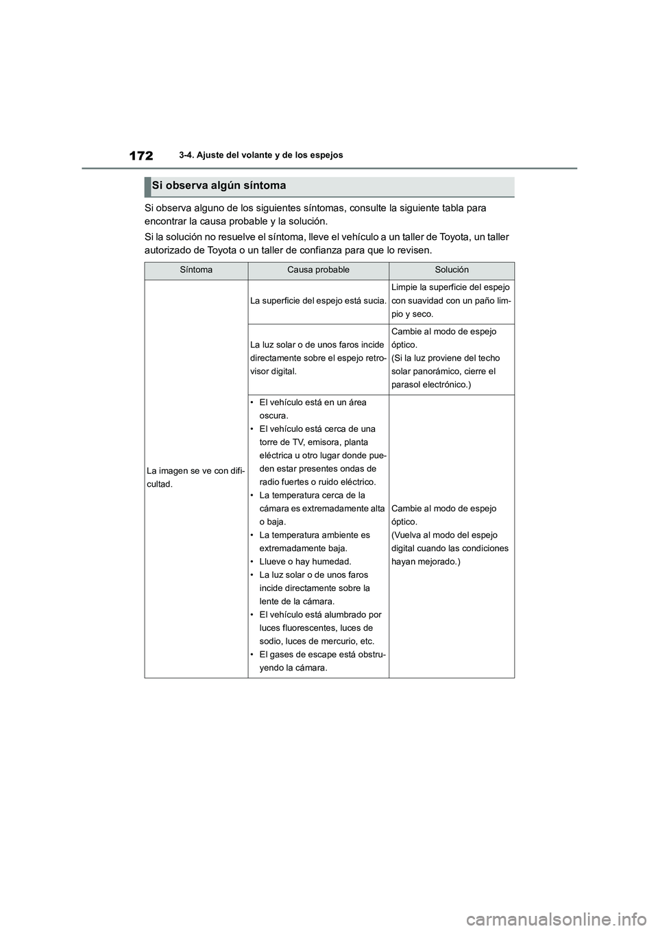 TOYOTA HIGHLANDER 2023  Manual del propietario (in Spanish) 1723-4. Ajuste del volante y de los espejos
Si observa alguno de los siguientes síntomas, consulte la siguiente tabla para  
encontrar la causa probable y la solución. 
Si la solución no resuelve e