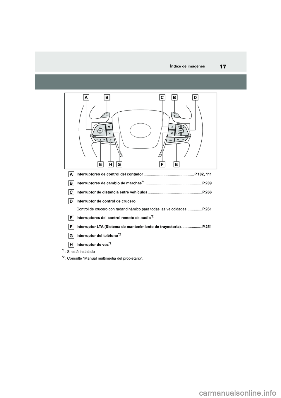 TOYOTA HIGHLANDER 2023  Manual del propietario (in Spanish) 17Índice de imágenes
Interruptores de control del contador ................................................ P.102, 111 
Interruptores de cambio de marchas*1..........................................