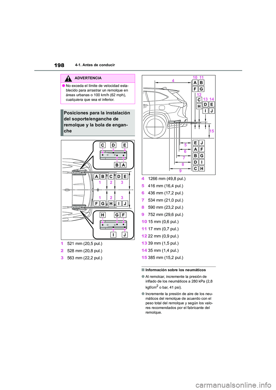 TOYOTA HIGHLANDER 2023  Manual del propietario (in Spanish) 1984-1. Antes de conducir
1521 mm (20,5 pul.) 
2 528 mm (20,8 pul.) 
3 563 mm (22,2 pul.) 
4 1266 mm (49,8 pul.) 
5 416 mm (16,4 pul.) 
6 436 mm (17,2 pul.) 
7 534 mm (21,0 pul.) 
8 590 mm (23,2 pul.)