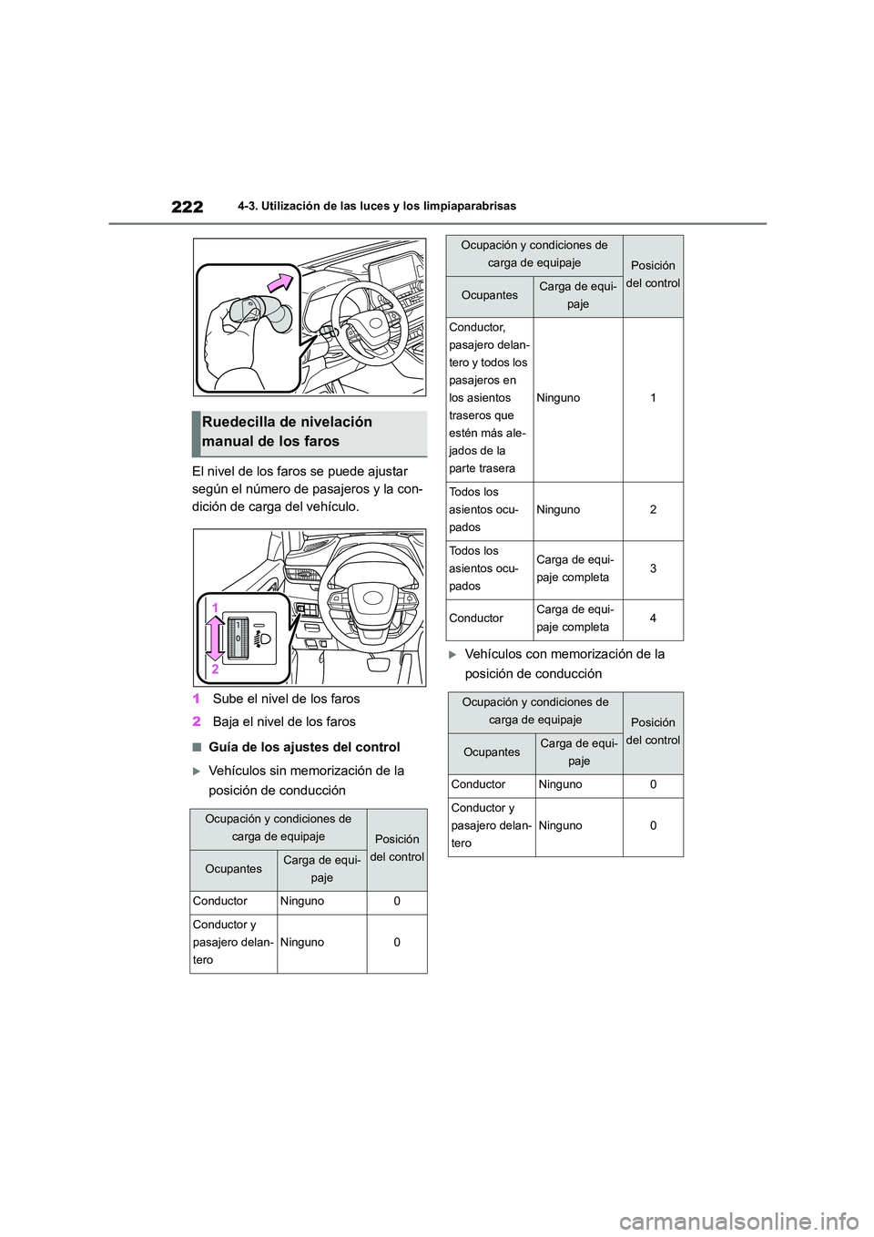TOYOTA HIGHLANDER 2023  Manual del propietario (in Spanish) 2224-3. Utilización de las luces y los limpiaparabrisas
El nivel de los faros se puede ajustar  
según el número de pasajeros y la con-
dición de carga del vehículo. 
1 Sube el nivel de los faros
