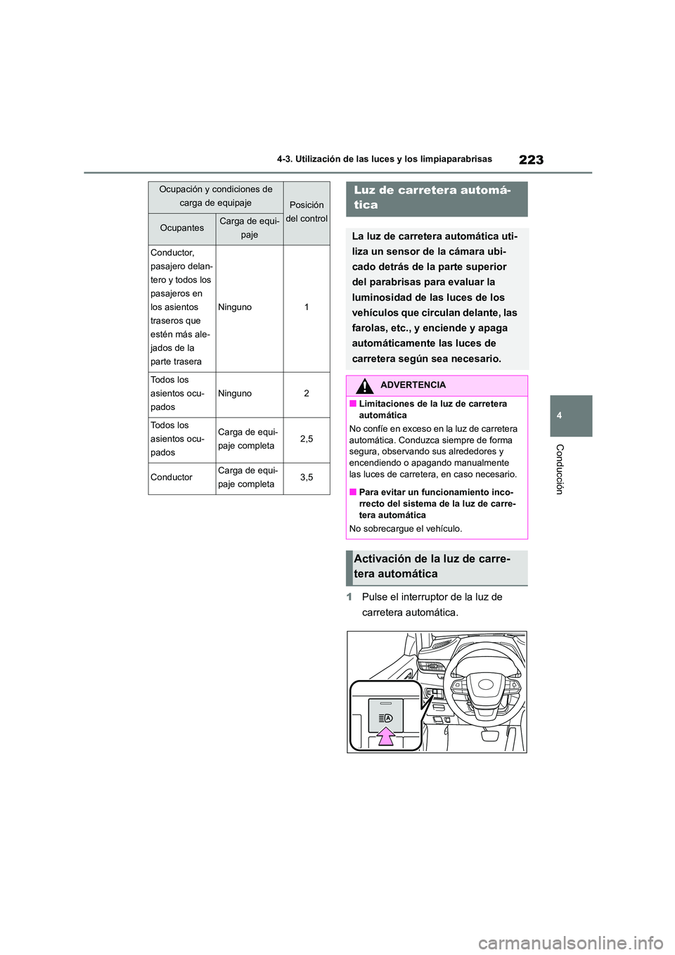 TOYOTA HIGHLANDER 2023  Manual del propietario (in Spanish) 223
4 
4-3. Utilización de las luces y los limpiaparabrisas
Conducción
1 Pulse el interruptor de la luz de  
carretera automática.
Conductor,  
pasajero delan-
tero y todos los 
pasajeros en 
los a