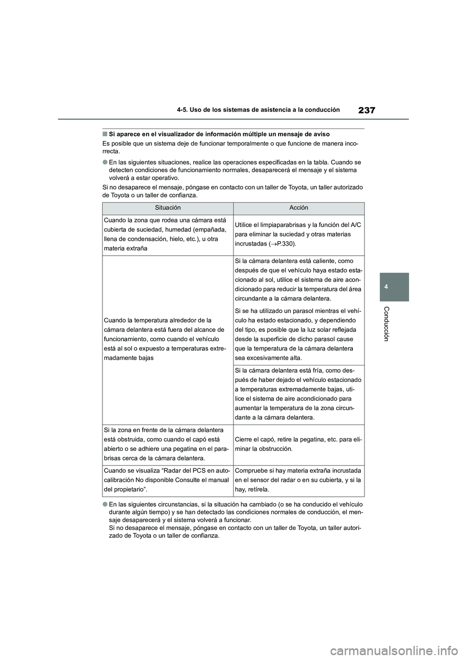TOYOTA HIGHLANDER 2023  Manual del propietario (in Spanish) 237
4 
4-5. Uso de los sistemas de asistencia a la conducción
Conducción
■Si aparece en el visualizador de información múltiple un mensaje de aviso 
Es posible que un sistema deje  de funcionar 