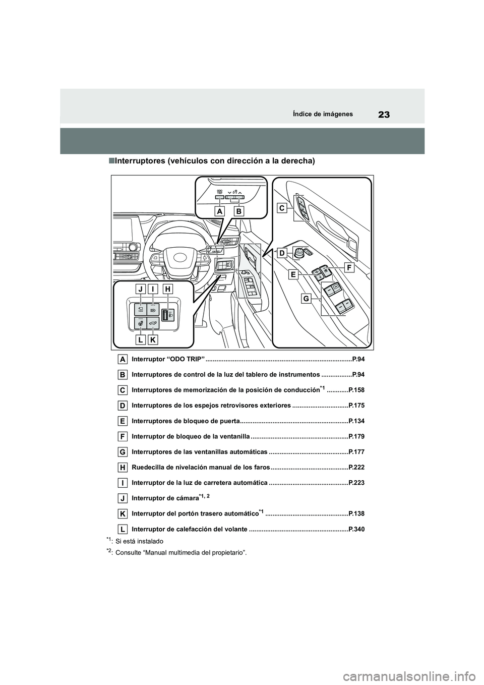 TOYOTA HIGHLANDER 2023  Manual del propietario (in Spanish) 23Índice de imágenes
■Interruptores (vehículos con dirección a la derecha)
Interruptor “ODO TRIP” .................................................................................P.94 
Inter