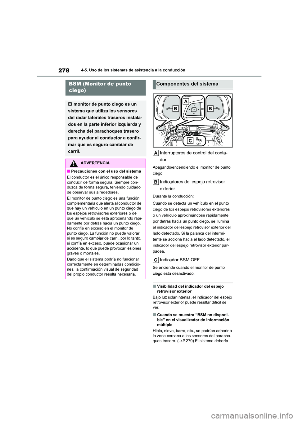 TOYOTA HIGHLANDER 2023  Manual del propietario (in Spanish) 2784-5. Uso de los sistemas de asistencia a la conducción
Interruptores de control del conta- 
dor
Apagando/encendiendo el monitor de punto  
ciego.
Indicadores del espejo retrovisor  
exterior
Duran
