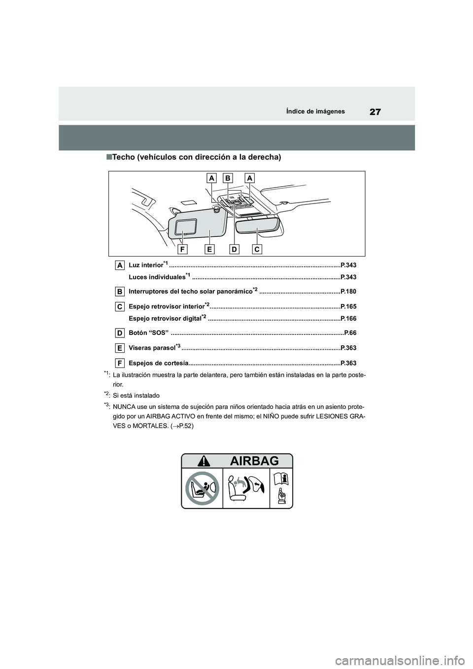 TOYOTA HIGHLANDER 2023  Manual del propietario (in Spanish) 27Índice de imágenes
■Techo (vehículos con dirección a la derecha)
Luz interior*1.................................................................................................P.343 
Luces ind
