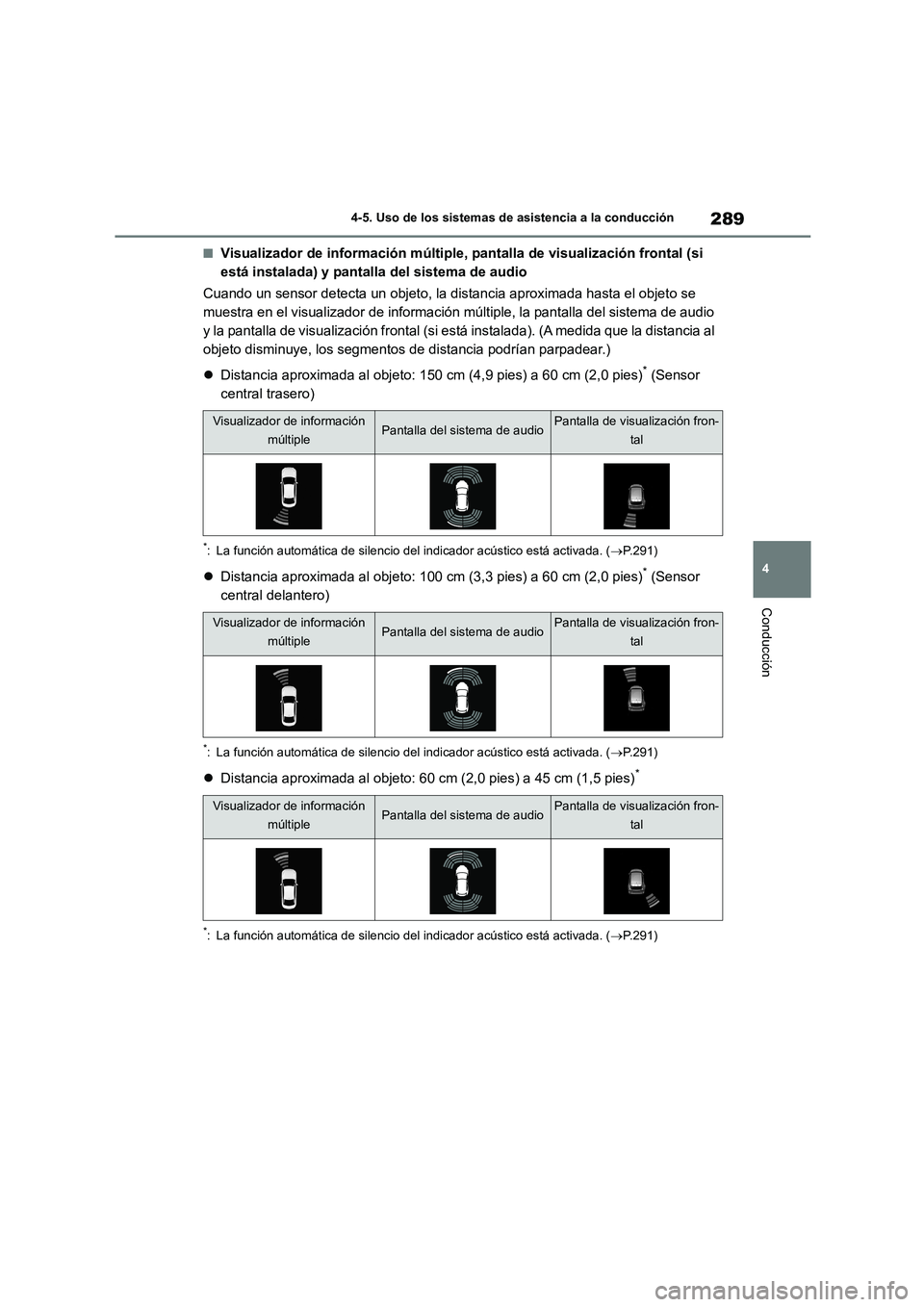 TOYOTA HIGHLANDER 2023 Manual del propietario (in Spanish) 289
4
4-5. Uso de los sistemas de asistencia a la conducción
Conducción
■Visualizador de información múltiple, pantalla de visualización frontal (si
está instalada) y pantalla del sistema d TOYOTA HIGHLANDER 2023 Manual del propietario (in Spanish) 289
4
4-5. Uso de los sistemas de asistencia a la conducción
Conducción
■Visualizador de información múltiple, pantalla de visualización frontal (si
está instalada) y pantalla del sistema d