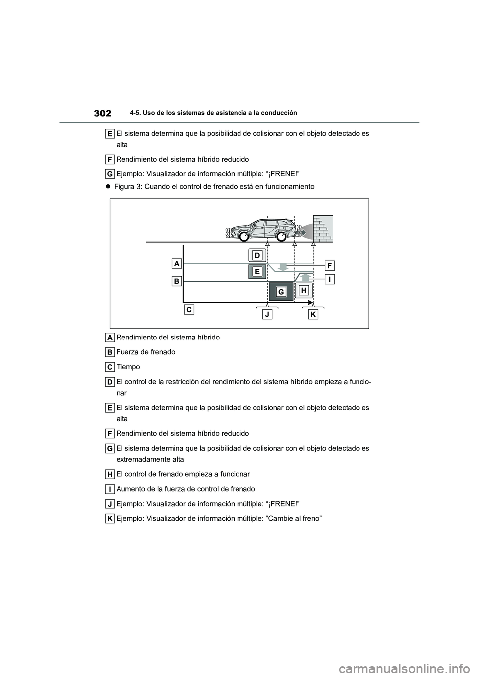 TOYOTA HIGHLANDER 2023  Manual del propietario (in Spanish) 3024-5. Uso de los sistemas de asistencia a la conducción
El sistema determina que la posibilidad de colisionar con el objeto detectado es  
alta 
Rendimiento del sistema híbrido reducido 
Ejemplo: 