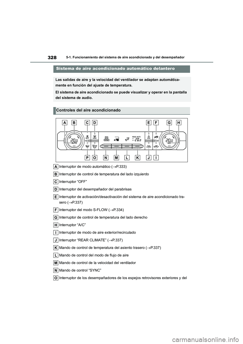 TOYOTA HIGHLANDER 2023  Manual del propietario (in Spanish) 3285-1. Funcionamiento del sistema de aire acondicionado y del desempañador
5-1.Funcionamiento del sistema de aire acondicionado y del desempañador
Interruptor de modo automático (P.333) 
Interr
