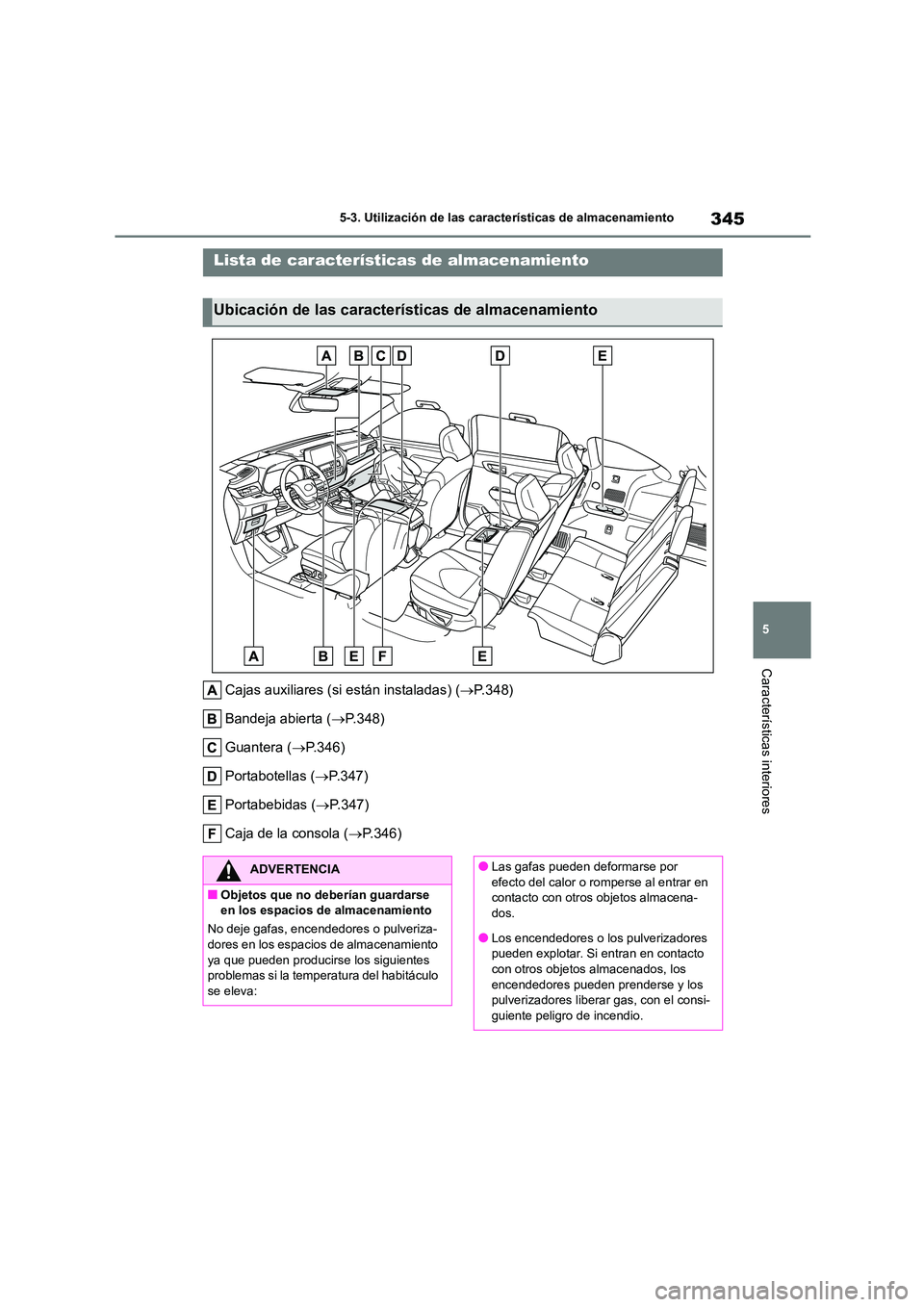 TOYOTA HIGHLANDER 2023 Manual del propietario (in Spanish) 345
5
5-3. Utilización de las características de almacenamiento
Características interiores
5-3.Utilización de las características de almacenamiento
Cajas auxiliares (si están instaladas) ( P TOYOTA HIGHLANDER 2023 Manual del propietario (in Spanish) 345
5
5-3. Utilización de las características de almacenamiento
Características interiores
5-3.Utilización de las características de almacenamiento
Cajas auxiliares (si están instaladas) ( P