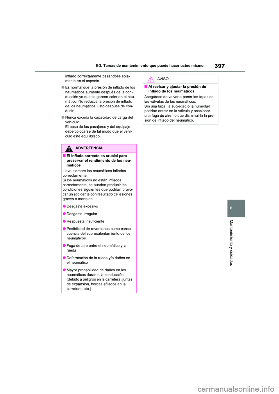 TOYOTA HIGHLANDER 2023  Manual del propietario (in Spanish) 397
6 
6-3. Tareas de mantenimiento que puede hacer usted mismo
Mantenimiento y cuidados
inflado correctamente basándose sola- mente en el aspecto.
●Es normal que la presión de inflado de los neum