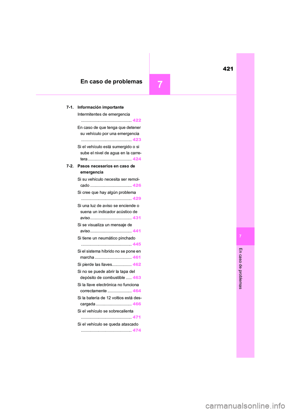 TOYOTA HIGHLANDER 2023  Manual del propietario (in Spanish) 7
421
En caso de problemas
7
En caso de problemas
.7-1. Información importante 
Intermitentes de emergencia 
............................................ 422 
En caso de que tenga que detener  
su ve