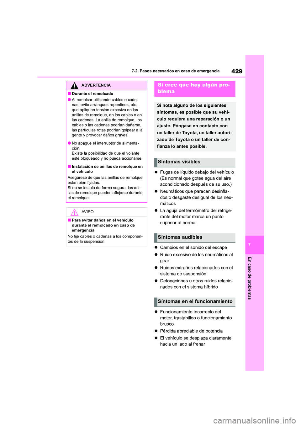 TOYOTA HIGHLANDER 2023  Manual del propietario (in Spanish) 429
7 
7-2. Pasos necesarios en caso de emergencia
En caso de problemas
 Fugas de líquido debajo del vehículo 
(Es normal que gotee agua del aire 
acondicionado después de su uso.) 
 Neumáti