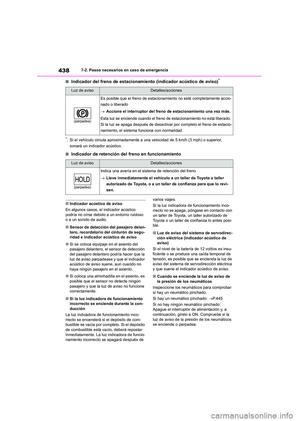 TOYOTA HIGHLANDER 2023  Manual del propietario (in Spanish) 4387-2. Pasos necesarios en caso de emergencia
■Indicador del freno de estacionamiento (indicador acústico de aviso)*
*: Si el vehículo circula aproximadamente a una velocidad de 5 km/h (3 mph) o 