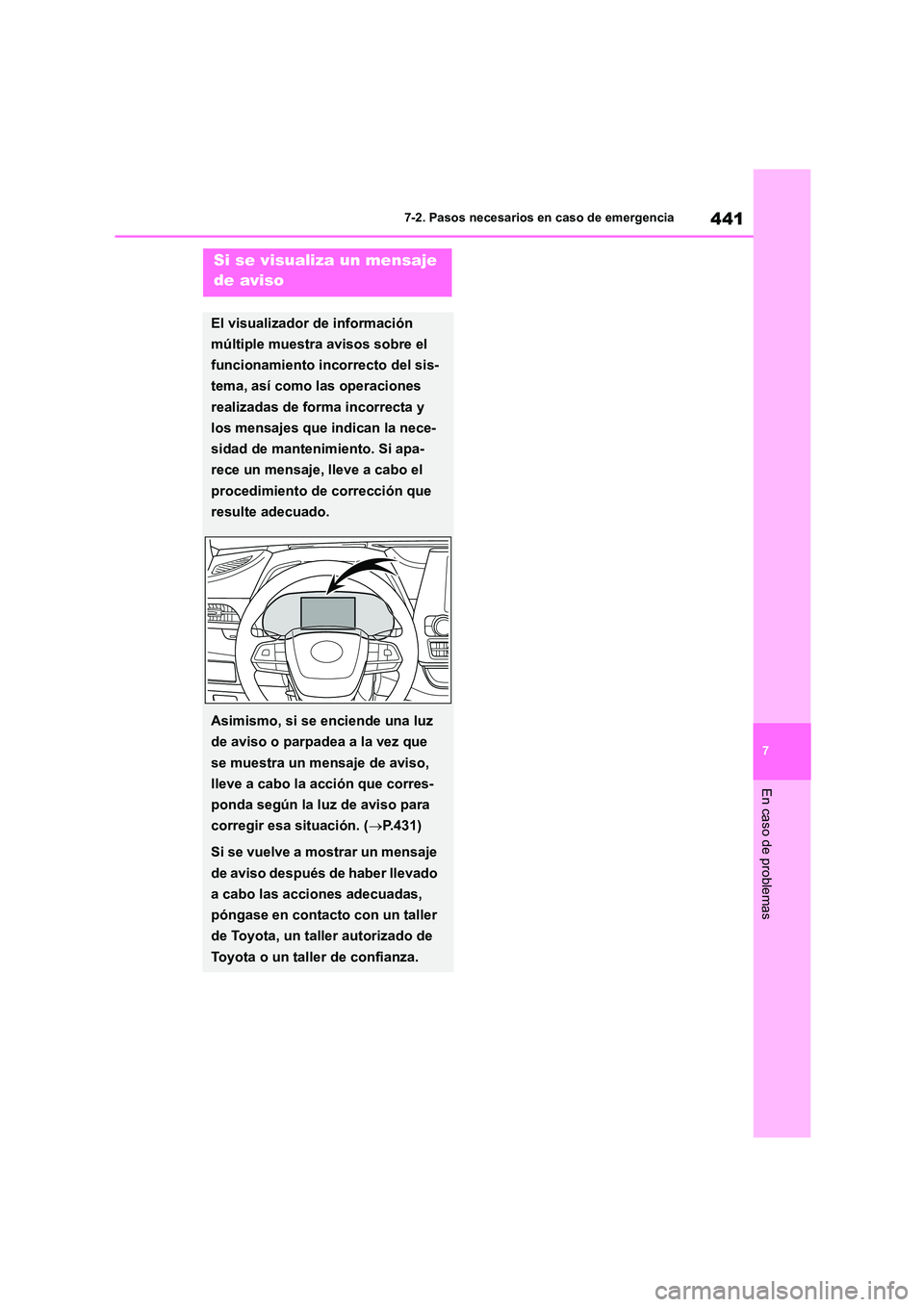 TOYOTA HIGHLANDER 2023 Manual del propietario (in Spanish) 441
7
7-2. Pasos necesarios en caso de emergencia
En caso de problemas
Si se visualiza un mensaje
de aviso
El visualizador de información
múltiple muestra avisos sobre el
funcionamiento incorr TOYOTA HIGHLANDER 2023 Manual del propietario (in Spanish) 441
7
7-2. Pasos necesarios en caso de emergencia
En caso de problemas
Si se visualiza un mensaje
de aviso
El visualizador de información
múltiple muestra avisos sobre el
funcionamiento incorr