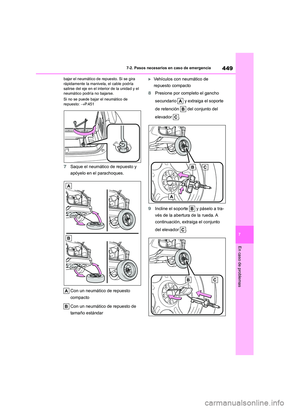TOYOTA HIGHLANDER 2023  Manual del propietario (in Spanish) 449
7 
7-2. Pasos necesarios en caso de emergencia
En caso de problemas
bajar el neumático de repuesto. Si se gira  rápidamente la manivela, el cable podría  
salirse del eje en el interior de la u
