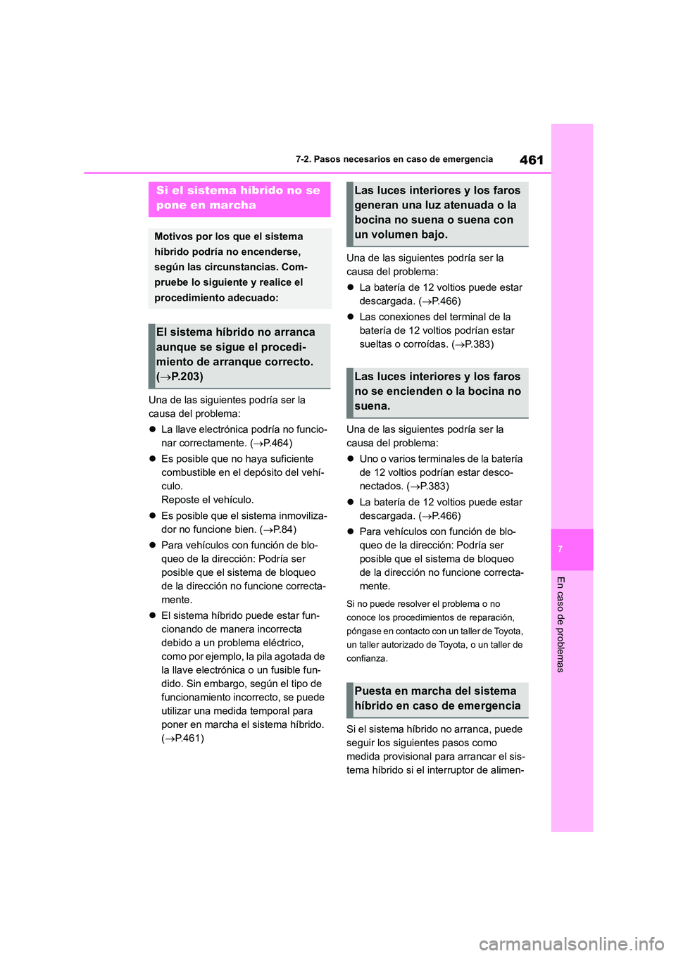 TOYOTA HIGHLANDER 2023  Manual del propietario (in Spanish) 461
7 
7-2. Pasos necesarios en caso de emergencia
En caso de problemas
Una de las siguientes podría ser la  
causa del problema: 
 La llave electrónica podría no funcio- 
nar correctamente. ( 