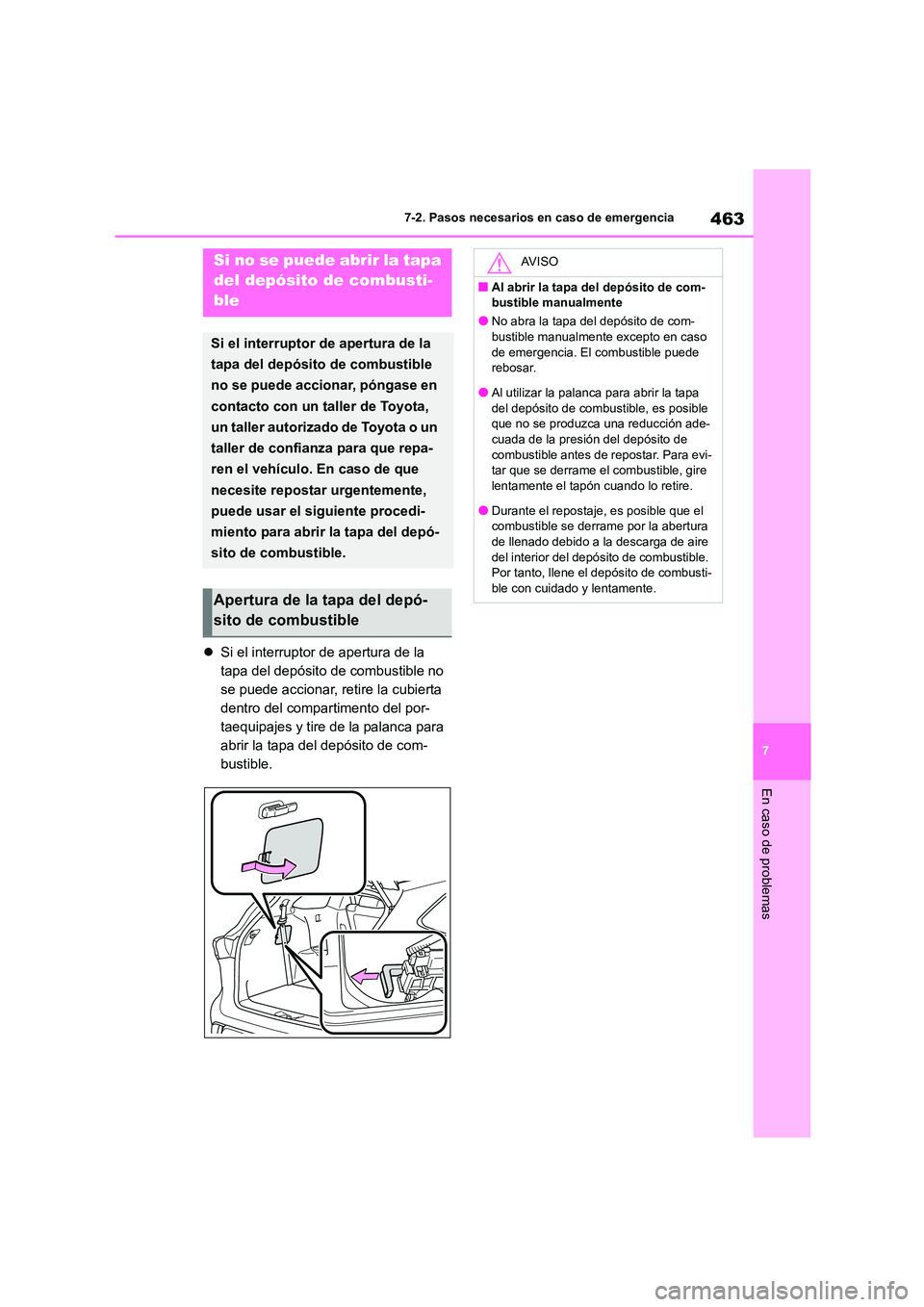 TOYOTA HIGHLANDER 2023  Manual del propietario (in Spanish) 463
7 
7-2. Pasos necesarios en caso de emergencia
En caso de problemas
 Si el interruptor de apertura de la  
tapa del depósito de combustible no 
se puede accionar, retire la cubierta 
dentro de