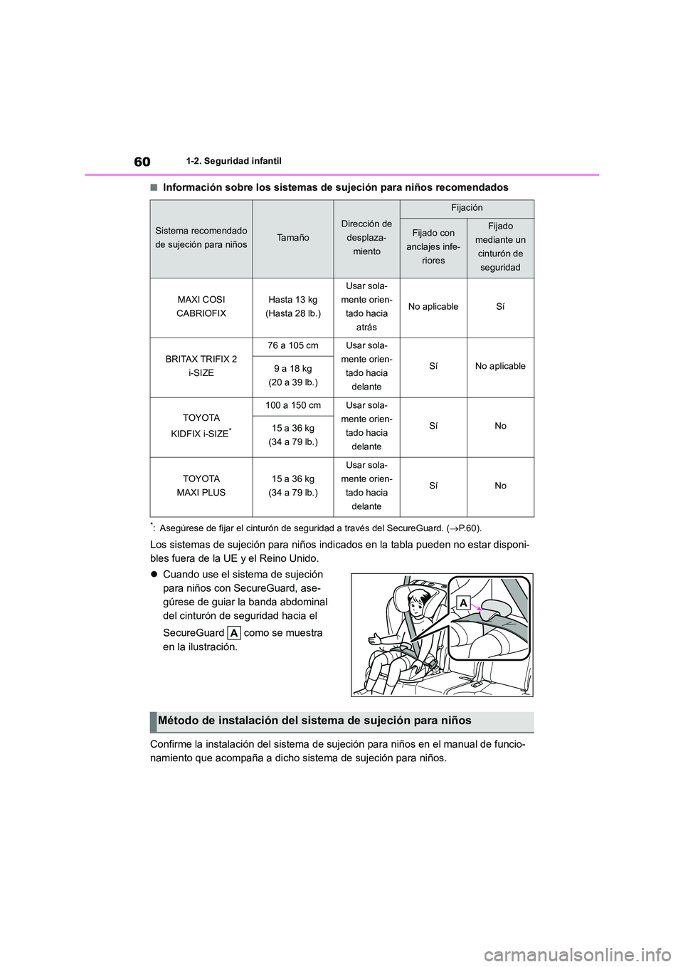 TOYOTA HIGHLANDER 2023 Manual del propietario (in Spanish) 601-2. Seguridad infantil
■Información sobre los sistemas de sujeción para niños recomendados
*: Asegúrese de fijar el cinturón de seguridad a través del SecureGuard. (P.60).
Los sistemas d TOYOTA HIGHLANDER 2023 Manual del propietario (in Spanish) 601-2. Seguridad infantil
■Información sobre los sistemas de sujeción para niños recomendados
*: Asegúrese de fijar el cinturón de seguridad a través del SecureGuard. (P.60).
Los sistemas d