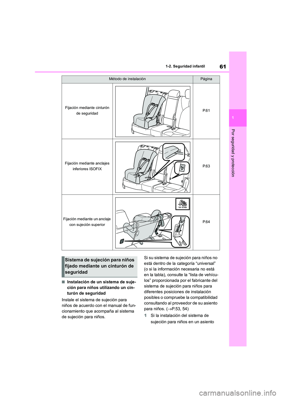 TOYOTA HIGHLANDER 2023 Manual del propietario (in Spanish) 61
1
1-2. Seguridad infantil
Por seguridad y protección
■Instalación de un sistema de suje-
ción para niños utilizando un cin-
turón de seguridad
Instale el sistema de sujeción para
niño TOYOTA HIGHLANDER 2023 Manual del propietario (in Spanish) 61
1
1-2. Seguridad infantil
Por seguridad y protección
■Instalación de un sistema de suje-
ción para niños utilizando un cin-
turón de seguridad
Instale el sistema de sujeción para
niño