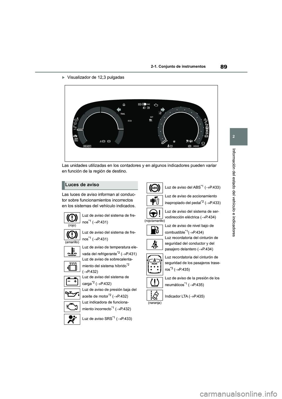 TOYOTA HIGHLANDER 2023 Manual del propietario (in Spanish) 89
2
2-1. Conjunto de instrumentos
Información del estado del vehículo e indicadores
Visualizador de 12,3 pulgadas
Las unidades utilizadas en los contadores y en algunos indicadores pueden vari TOYOTA HIGHLANDER 2023 Manual del propietario (in Spanish) 89
2
2-1. Conjunto de instrumentos
Información del estado del vehículo e indicadores
Visualizador de 12,3 pulgadas
Las unidades utilizadas en los contadores y en algunos indicadores pueden vari