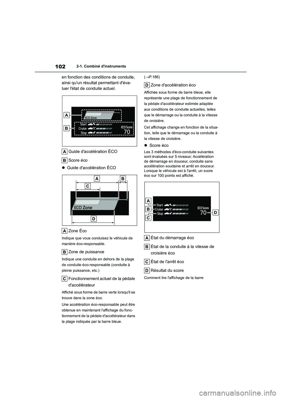 TOYOTA HIGHLANDER 2023 Manuel du propriétaire (in French) 1022-1. Combiné dinstruments
en fonction des conditions de conduite,
ainsi quun résultat permettant déva-
luer létat de conduite actuel.
Guide daccélération ÉCO
Score éco
Guide d TOYOTA HIGHLANDER 2023 Manuel du propriétaire (in French) 1022-1. Combiné dinstruments
en fonction des conditions de conduite,
ainsi quun résultat permettant déva-
luer létat de conduite actuel.
Guide daccélération ÉCO
Score éco
Guide d
