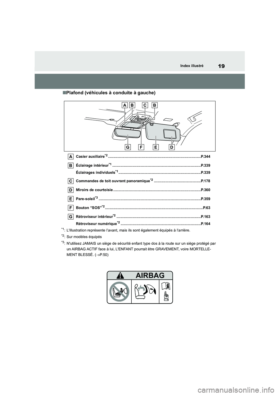 TOYOTA HIGHLANDER 2023 Manuel du propriétaire (in French) 19Index illustré
■Plafond (véhicules à conduite à gauche)
Casier auxiliaire*2.........................................................................................P.344
Éclairage intérieur TOYOTA HIGHLANDER 2023 Manuel du propriétaire (in French) 19Index illustré
■Plafond (véhicules à conduite à gauche)
Casier auxiliaire*2.........................................................................................P.344
Éclairage intérieur