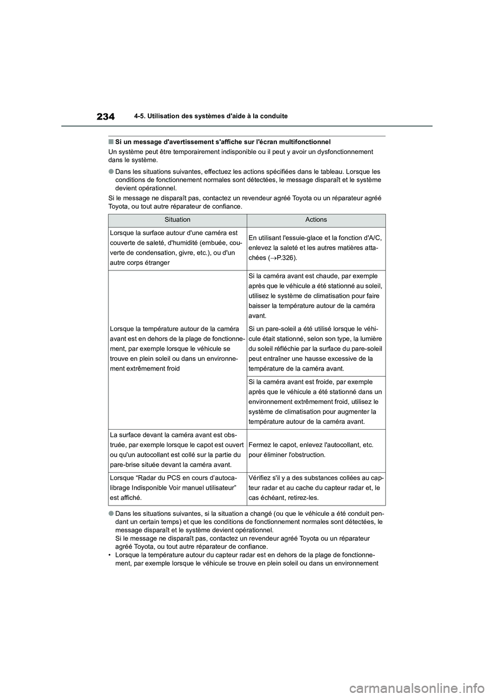 TOYOTA HIGHLANDER 2023  Manuel du propriétaire (in French) 2344-5. Utilisation des systèmes daide à la conduite
■Si un message davertissement saffiche sur lécran multifonctionnel 
Un système peut être temporairement indis ponible ou il peut y avoir