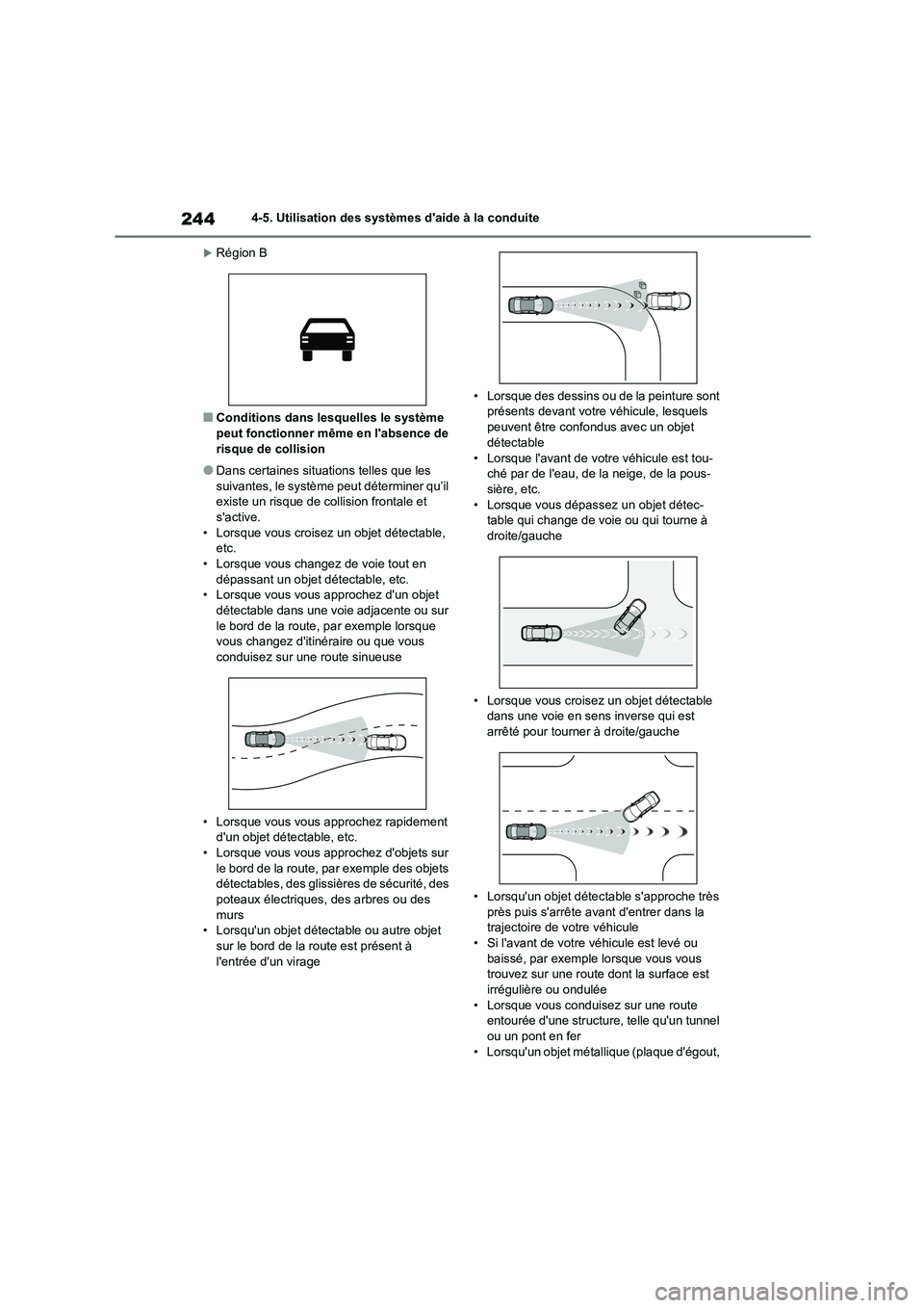 TOYOTA HIGHLANDER 2023  Manuel du propriétaire (in French) 2444-5. Utilisation des systèmes daide à la conduite
Région B
■Conditions dans lesquelles le système  
peut fonctionner même en labsence de 
risque de collision
●Dans certaines situation