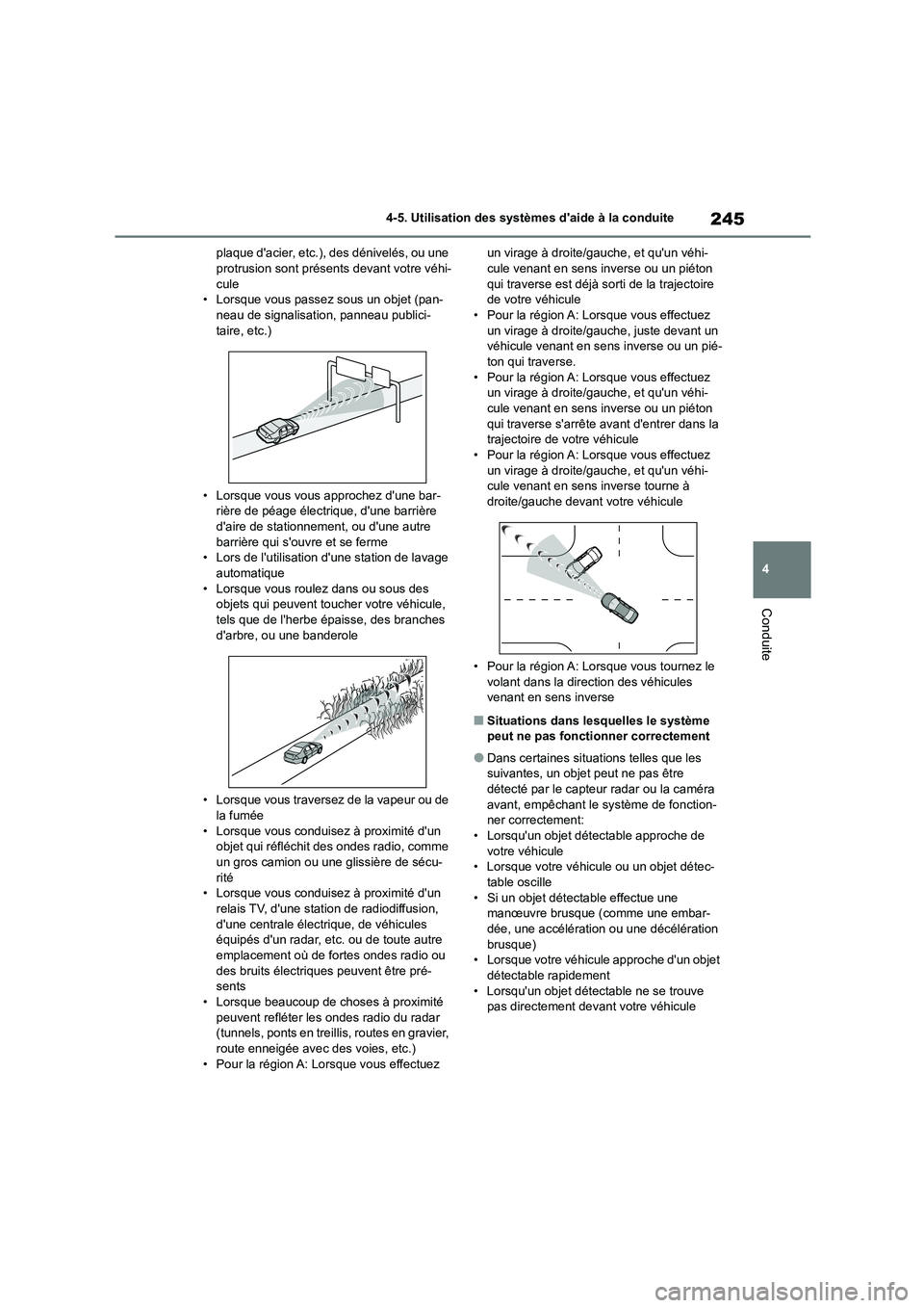 TOYOTA HIGHLANDER 2023  Manuel du propriétaire (in French) 245
4 
4-5. Utilisation des systèmes daide à la conduite
Conduite
plaque dacier, etc.), des dénivelés, ou une  protrusion sont présents devant votre véhi- 
cule
• Lorsque vous passez sous un