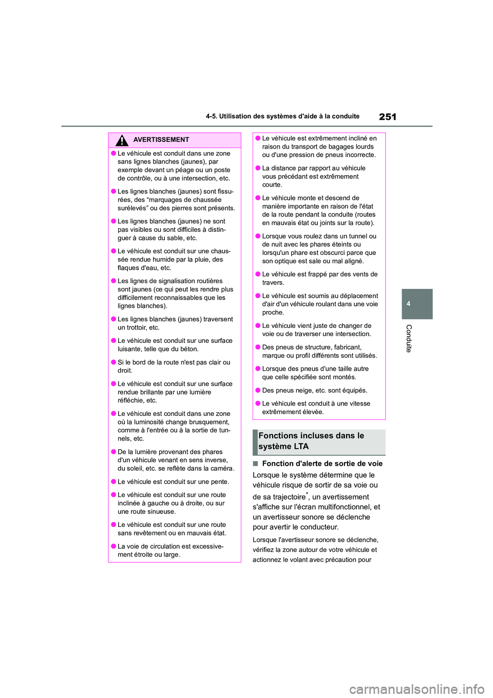 TOYOTA HIGHLANDER 2023  Manuel du propriétaire (in French) 251
4 
4-5. Utilisation des systèmes daide à la conduite
Conduite
■Fonction dalerte de sortie de voie 
Lorsque le système détermine que le  
véhicule risque de sortir de sa voie ou  
de sa tr